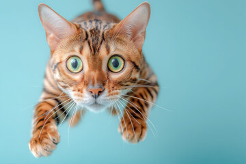 An Egyptian Mau cat with spotted fur is captured mid leap in a portrait of agility and grace. The breed&rsquo;s athletic features and sharp focus make a striking pet image.