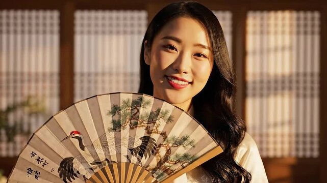 Elegant Korean Woman in Hanbok Smiling Holding Traditional Fan Indoors