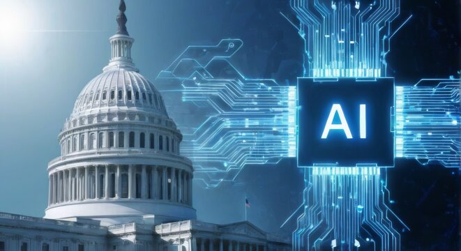 Digital illustration of United States Capitol building with futuristic AI concept on circuit board background in blue color.