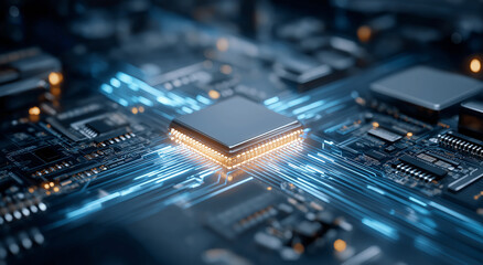 Blue Circuit Board with Glowing Data Flowing Between Integrated Processor and Components