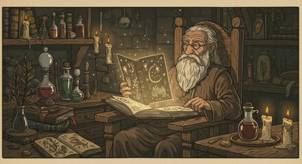Enchanting illustration of an old wizard reading a glowing spellbook in his dimly lit study full