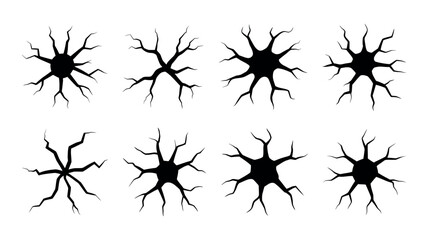 Eight Black Cracked Hole Silhouettes on White Background