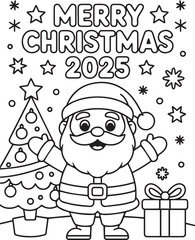 Smiling Santa Claus near Christmas tree with gift offers festive cheer for 2025
