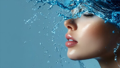 A serene portrait of a woman with flowing water droplets capturing the essence of beauty and tranquility.