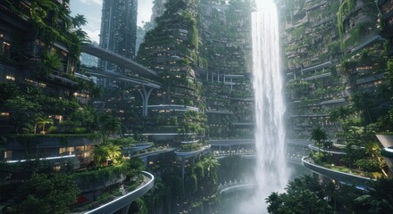 Vertical waterfall in overgrown urban landscape