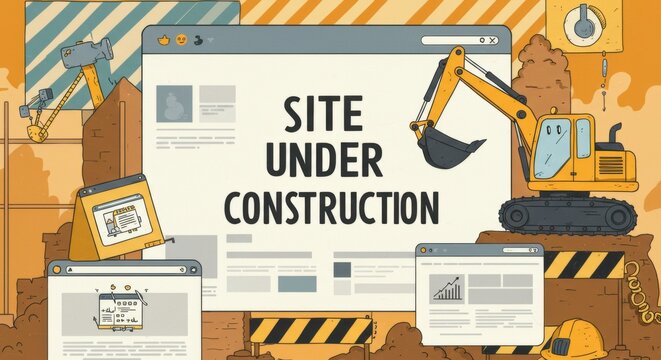 Illustrative depiction of a website's under construction phase with construction equipment and