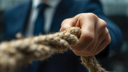 A focused business professional gripping a rope, symbolizing determination and commitment in achieving goals.