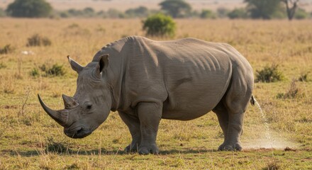 Fototapeta premium Magnificent White Rhinoceros in its Natural Habitat with Clear Skies Behind it stands Tall