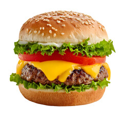 Juicy Cheeseburger with Sesame Seed Bun isolated on a transparent background