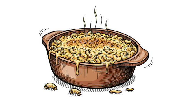 A steaming, golden-baked macaroni and cheese, freshly prepared in a rustic ceramic casserole dish, offers a comforting and delicious homemade meal.