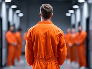 Rear view of inmate in bright orange jumpsuit standing in a prison hallway, blurred group in background.