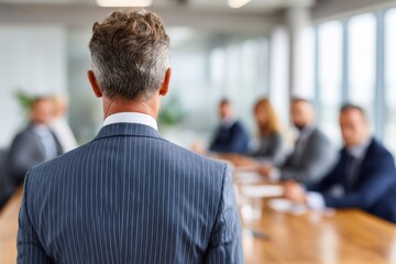 Rear view of an executive in a pinstripe suit presenting to a team in a conference room setting.