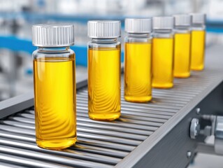 Row of clear glass vials filled with bright yellow liquid (oil or chemical) moving on a metallic conveyor belt.