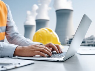 Engineer/worker in safety vest typing on laptop with power plant cooling towers and yellow hard hat in background.