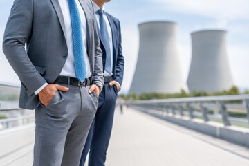 Two businessmen in suits stand on a bridge with hands in pockets, overlooking cooling towers of a power plant.