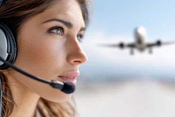 Close-up profile of a focused woman wearing a headset, looking toward a blurry airplane in the distance.