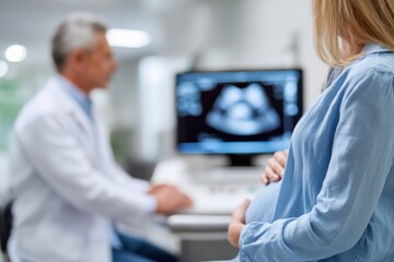 Close-up of a pregnant woman holding her stomach while a doctor views the ultrasound scan in a clinic.