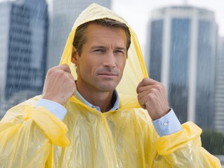 A man in a bright yellow rain poncho pulls his hood tight while standing in heavy rain against city skyscrapers.
