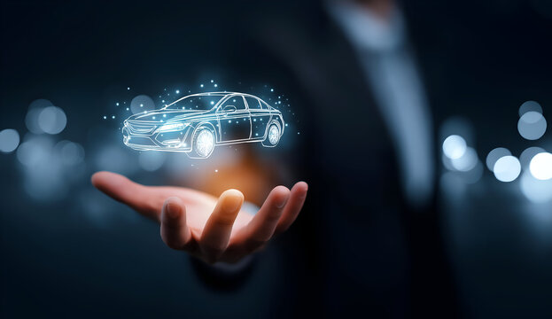 A futuristic representation of a car being held in a businessman's hand, showcasing innovation and digital automotive design.