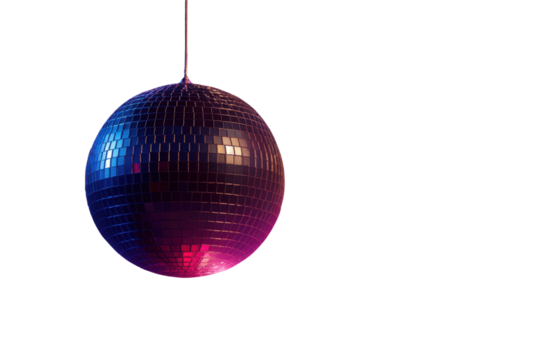 Hanging Mirrored Disco Ball Isolated on White with Blue and Purple Neon Light