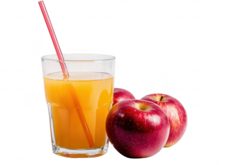 A refreshing glass of orange juice with a red straw beside three shiny red apples on a clean white background. perfect for healthy lifestyle promotions and food-related content