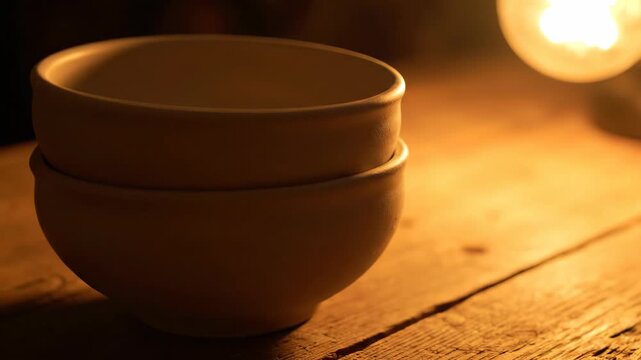 Two ceramic bowls stacked on wood table with warm light bulb glow