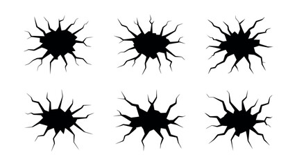 Set of Six Black Cracked Hole Silhouettes on White Background