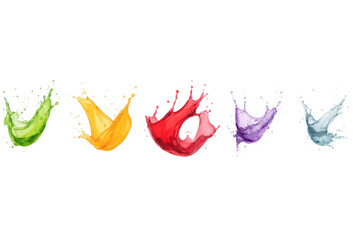 Set of five dynamic liquid color splashes (green, yellow, red, violet, blue) isolated on white background