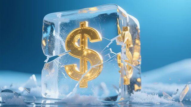 Ice cube featuring glowing dollar sign symbolizes financial success and freedom, showcasing captivating performance