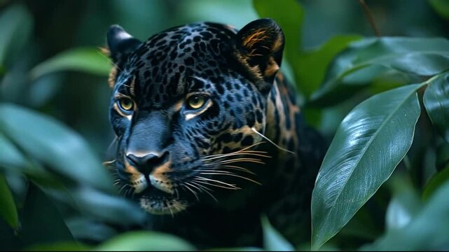 Jaguar lurking in lush green foliage, nature's stealth