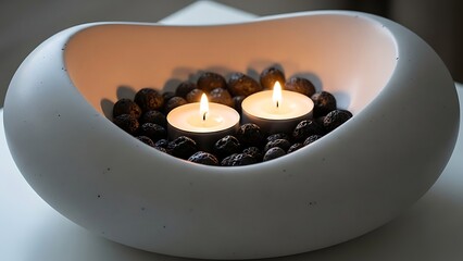 Modern candle holder with black stones and two lit tea lights