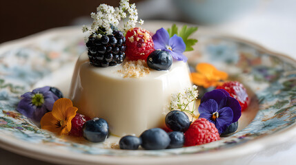 Delicate panna cotta dessert with fresh berries and edible flowers, a visually stunning, elegant presentation for food bloggers and culinary enthusiasts