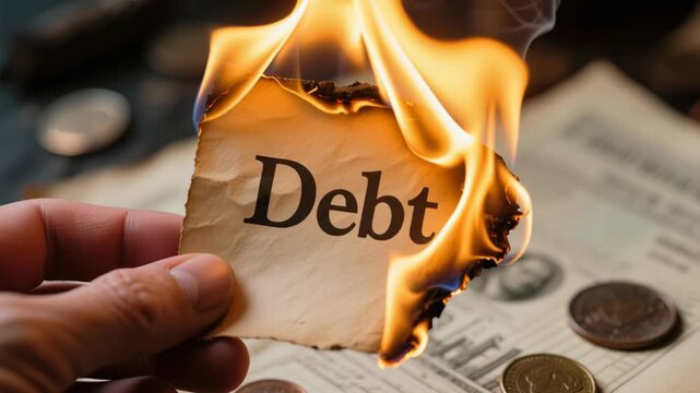 Burning Debt Pathway to Financial Freedom and Success, Showcasing Performance in Overcoming Financial Challenges for Brighter Future with Money and Coins