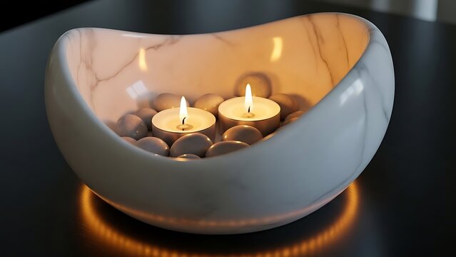 Warm glow of tea lights in marble bowl with stones - Powered by Adobe