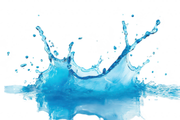 A splash of blue water creates dynamic shapes against a white background. capturing the essence of motion and fluidity. perfect for conveying freshness and energy