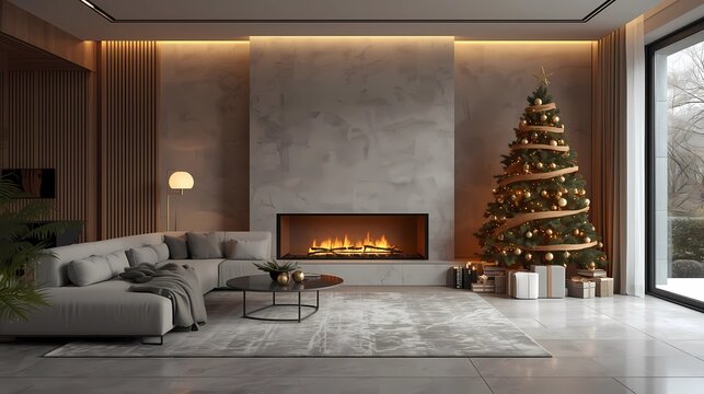 Fototapeta "Luxury minimalist living room featuring a sleek fireplace, decorated Christmas tree, soft glowing lights, elegant ornaments, warm natural lighting, modern Scandinavian style, trending high-end holida