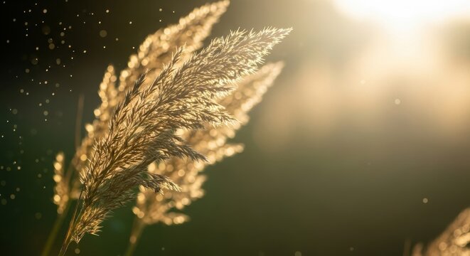 Closeup of golden grass seed head illuminated by bright, warm sunlight during golden hour, with small particles floating in the air, creating a soft, ethereal bokeh effect in the background - Powered by Adobe