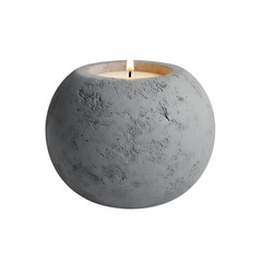 Modern round concrete candle with warm flame, combining raw industrial texture and soft ambiance for interior decor themes, isolated on a transparent background, png, cutout