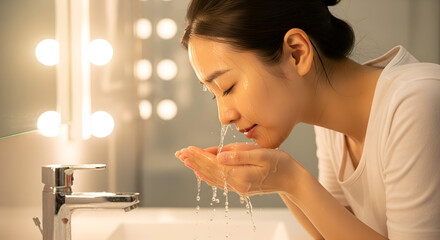 Young Asian Woman Washing Her Face in Bathroom for Skincare