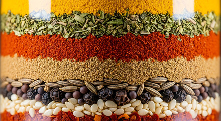 Diverse spice layers creating a vibrant, aromatic display A visual feast of flavors and culinary delights