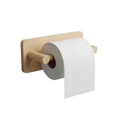 Wooden wall-mounted toilet paper holder with minimalist spindle design isolated on a transparent background, png, cutout.