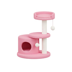 Pink cat scratching post with platform, ball toy, and playful design isolated on a transparent background, png, cutout.