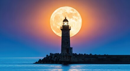 Dramatic silhouette of an old stone lighthouse standing on a breakwater against a massive, glowing full moon rising over the dark blue ocean water at twilight