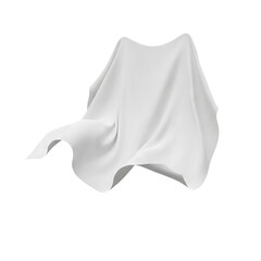 White fabric draped cloth forming abstract floating shape isolated on a transparent background, png, cutout.