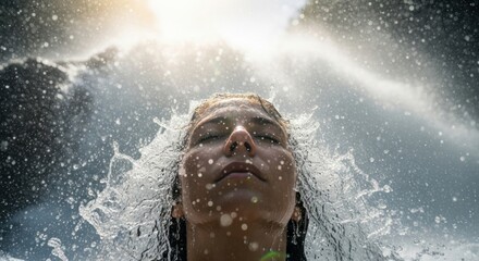 Womans face emerging from water with eyes closed in sunlight.