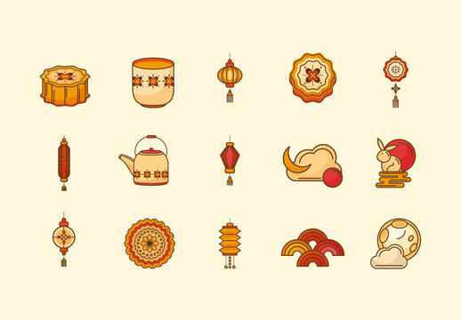 Beige And Orange Chinese Moon Festival Illustrations Set