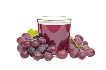 A refreshing glass of purple grape juice surrounded by fresh grapes on a clean white background. perfect for healthy beverage options in culinary or health-related contexts