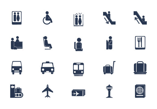 Blue Airport Travel Transport Aviation Icons Set