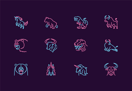 Blue And Pink Neon Wild Animals Icons Set