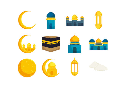Colorful Islamic Mosque Ramadan Eid Culture Illustrations Set